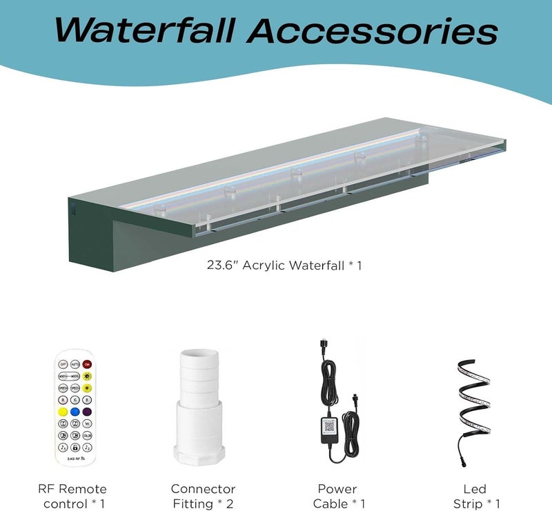Kfpmx Acrylic Pool Fountain Waterfall with LED Lights - 23.6" LED Strip Remote Control with 18 Colors, Smooth Water Flow & Cascade Blade, Easy Installation for Outdoor, Garden, Patio & Ponds - Image 4